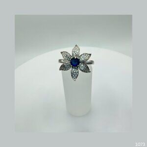 Blue Sapphire Sterling Silver Flower Ring Size 7 Statement Jewelry